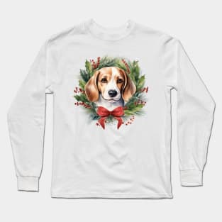 Christmas Beagle Dog Wreath Long Sleeve T-Shirt